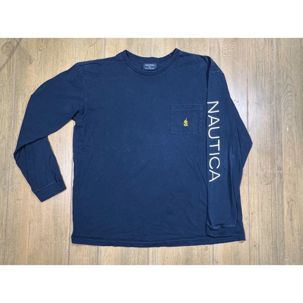 Nautica Mens XL Long Sleeve Pocket T-Shirt Navy Blue Made in USA Cotton Logo